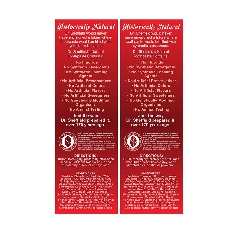 Dr. Sheffield's Dr. Sheffieldâ€™s Certified Natural Toothpaste (Cinnamon) - Great Tasting, Fluoride Free Toothpaste/Freshen Your Breath, Whiten Your Teeth, Reduce Plaque (2-Pack) - Image 2